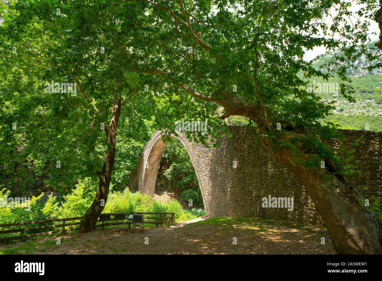 Pietra storica unica arcata del ponte pedonale a Zagori in montagne in Grecia centrale. Foto Stock