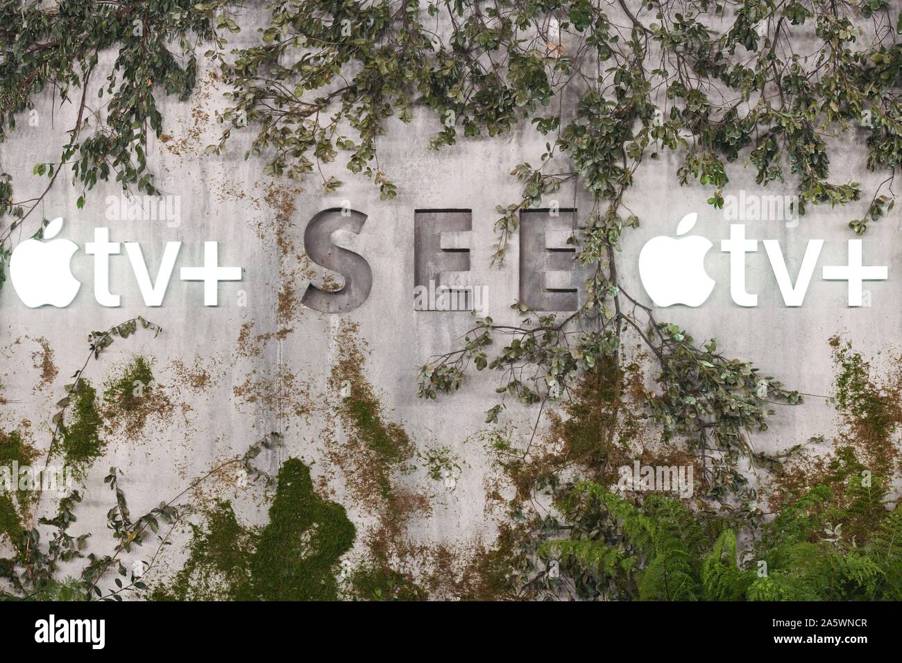 Ottobre 21, 2019, Westwood, CALIFORNIA, STATI UNITI D'AMERICA: Apple TV + Logo la Premiere mondiale di Apple TV+'s 'EE' (credito Immagine: © Billy Bennight/ZUMA filo) Foto Stock