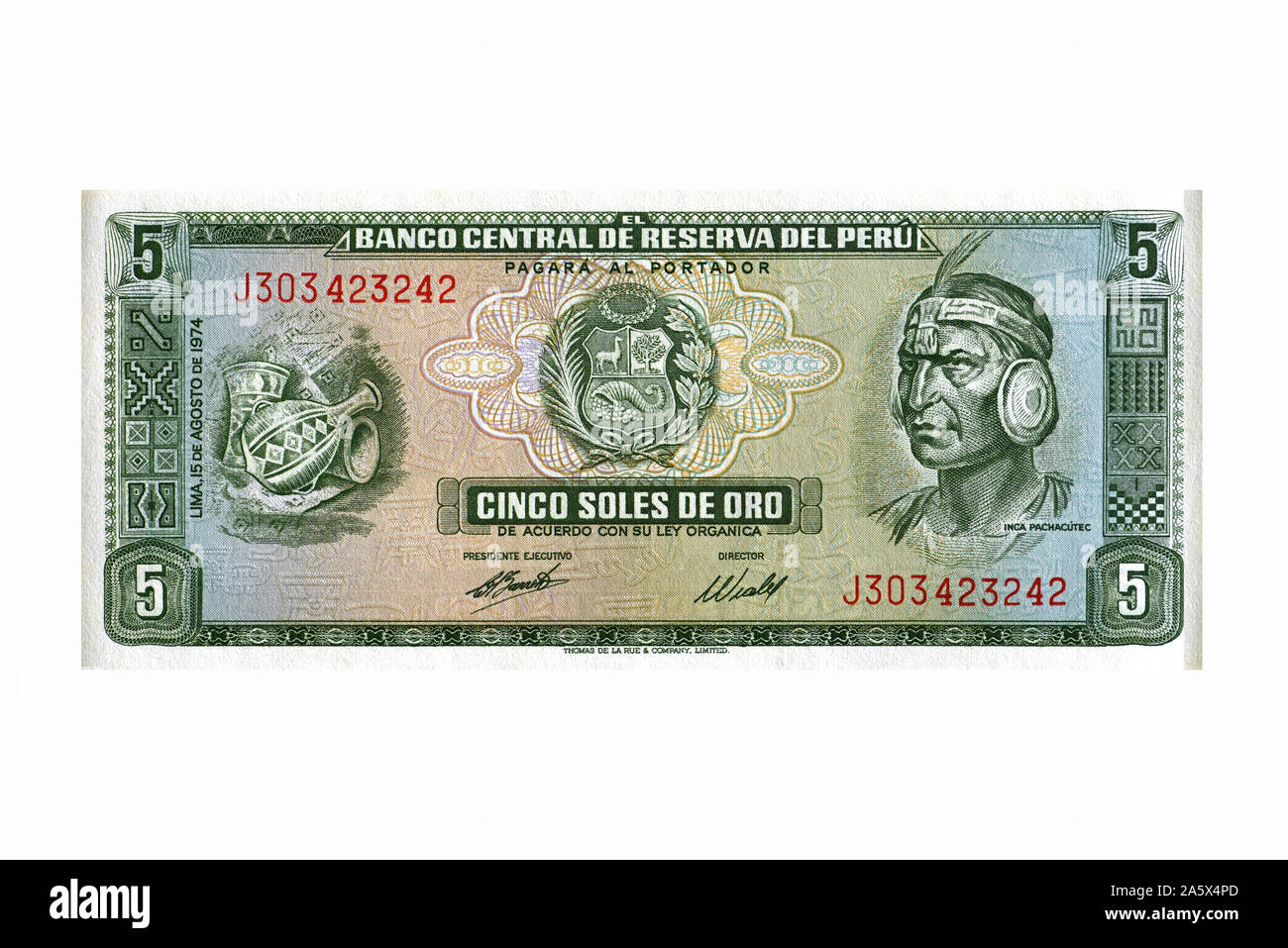 La banconota aus Perù von 1974, cinco soles De Oro Foto Stock
