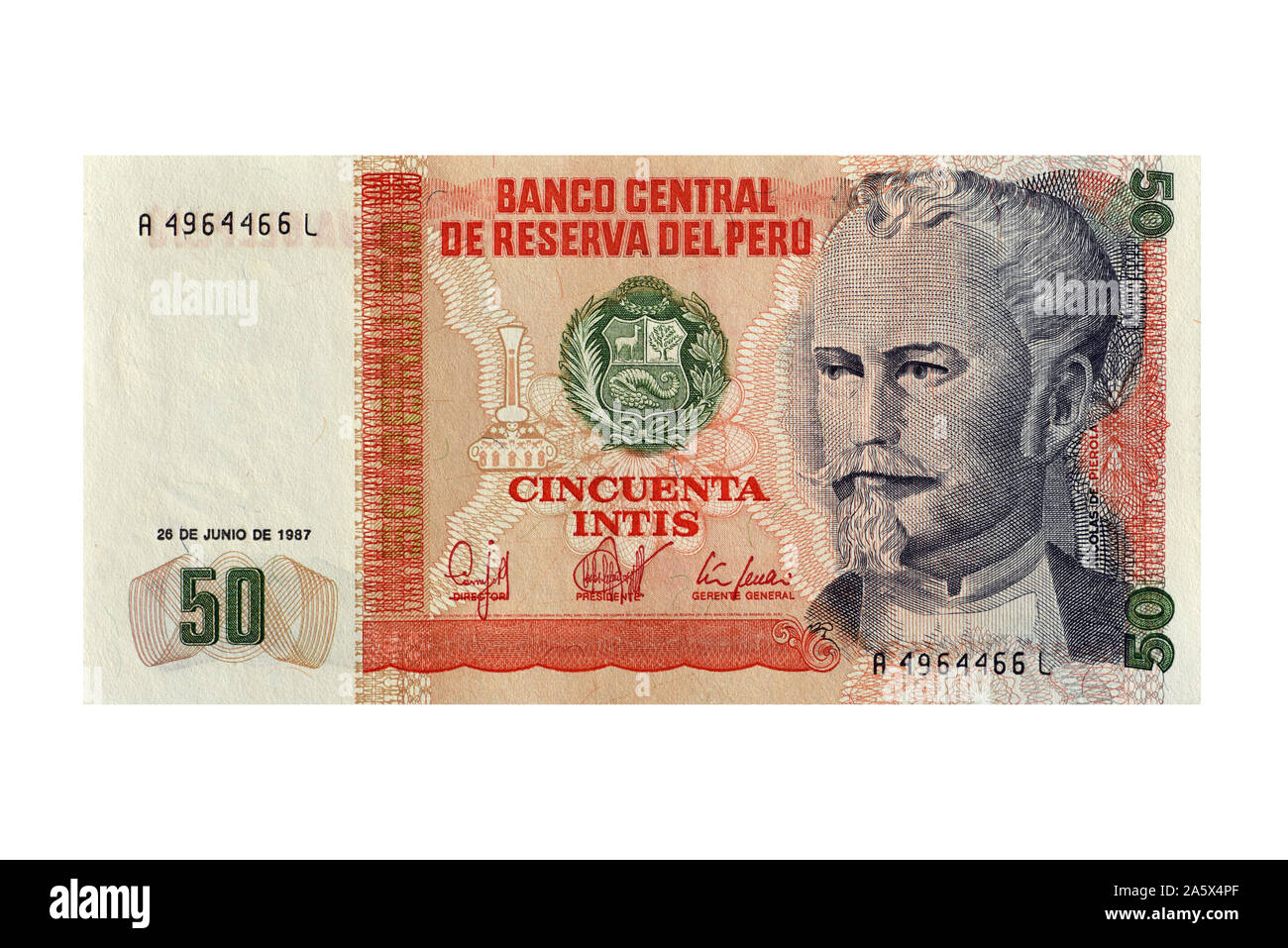La banconota aus Perù von 1987, Cincuenta Intis Foto Stock