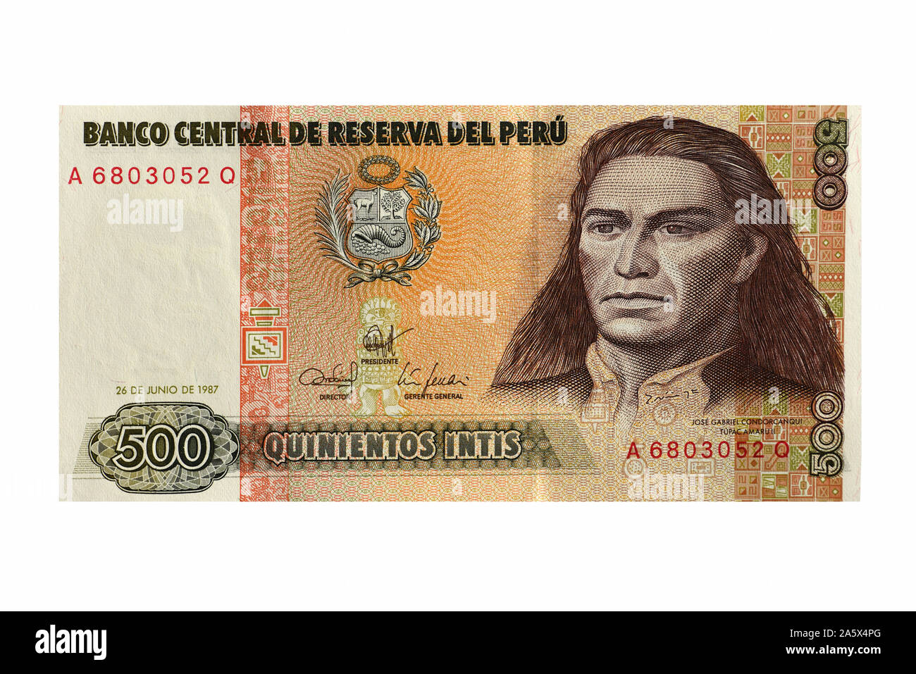 La banconota aus Perù von 1987, 500 Quinientos Intis Foto Stock
