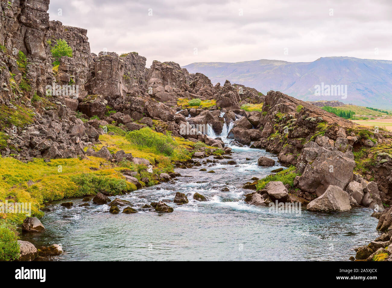 Una piccola cascata sul fiume Oxara. Thingvellir National Park. La regione meridionale. L'Islanda Foto Stock