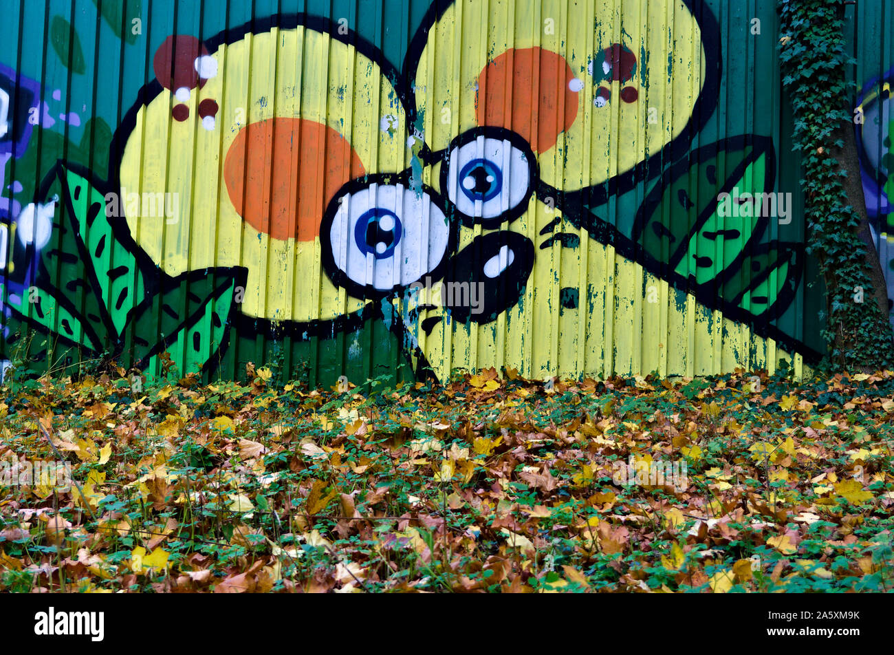 I graffiti sulla parete e foglie di autunno sul terreno Foto Stock