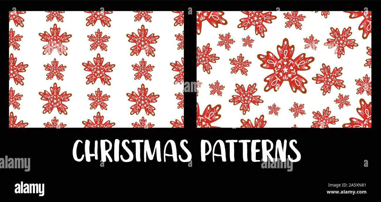 Set di modelli di natale. Natale gingerbread cookie. Smalto. I fiocchi di neve per la cottura e i pinguini caratteri. Illustrazione Vettoriale