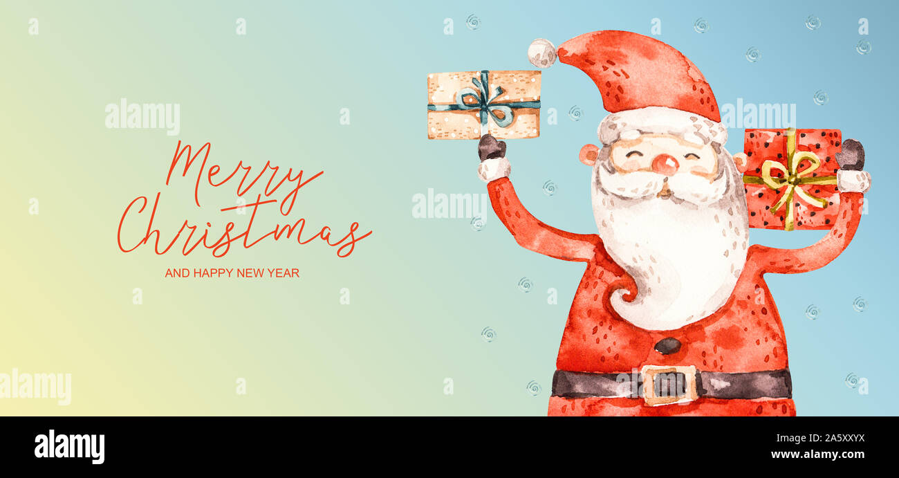 Ingenuo aqarelle Babbo Natale con regali di Natale, saluto banner. Buon Natale e felice anno nuovo poster ad acquerello Foto Stock