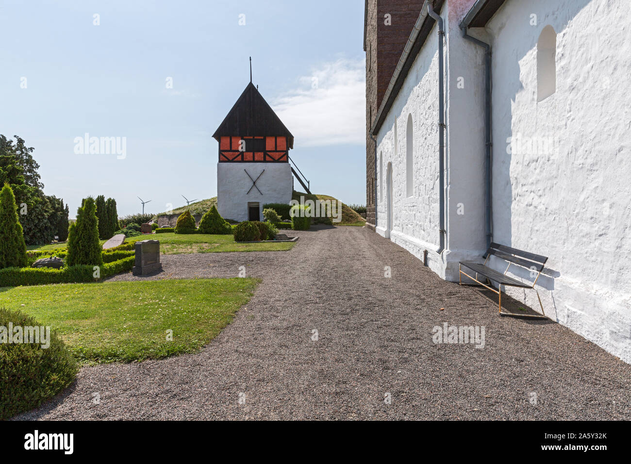 Bornholm, solchi Kirke, alter Glockenturm, Friedhof Foto Stock