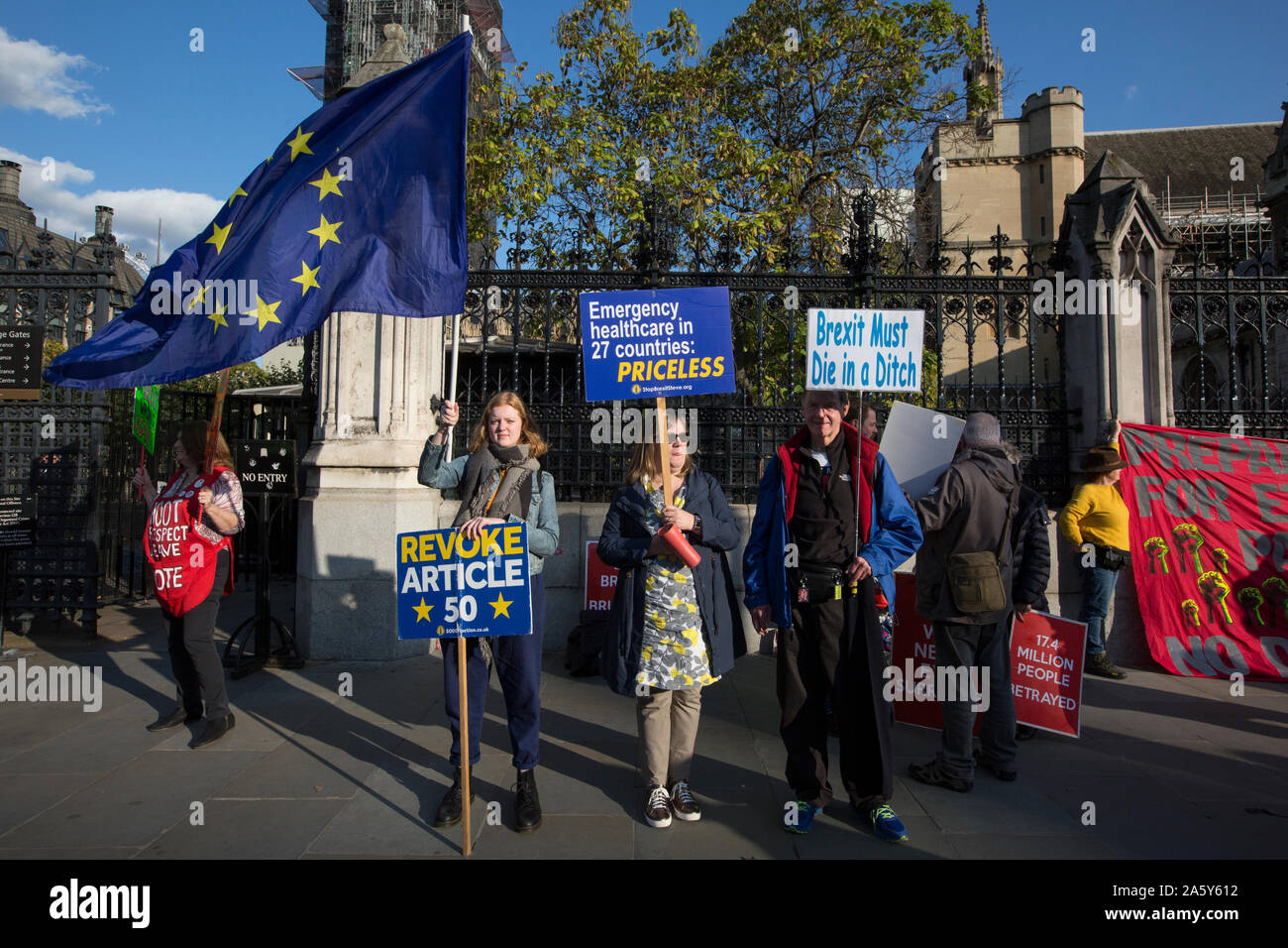 Pro Brexit e manifestanti Ant-Brexit convergono sui marciapiedi intorno al College Green e Case del Parlamento davanti al 31 ottobre Brexit Foto Stock