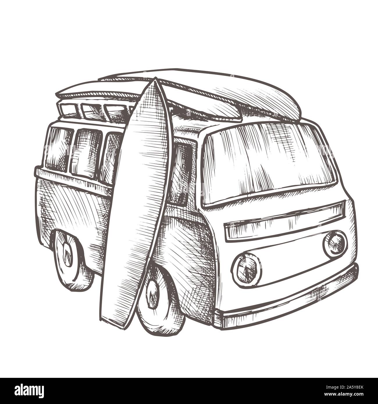 Tavole da Surf e Surf retrò Van vettore monocromatica Illustrazione Vettoriale