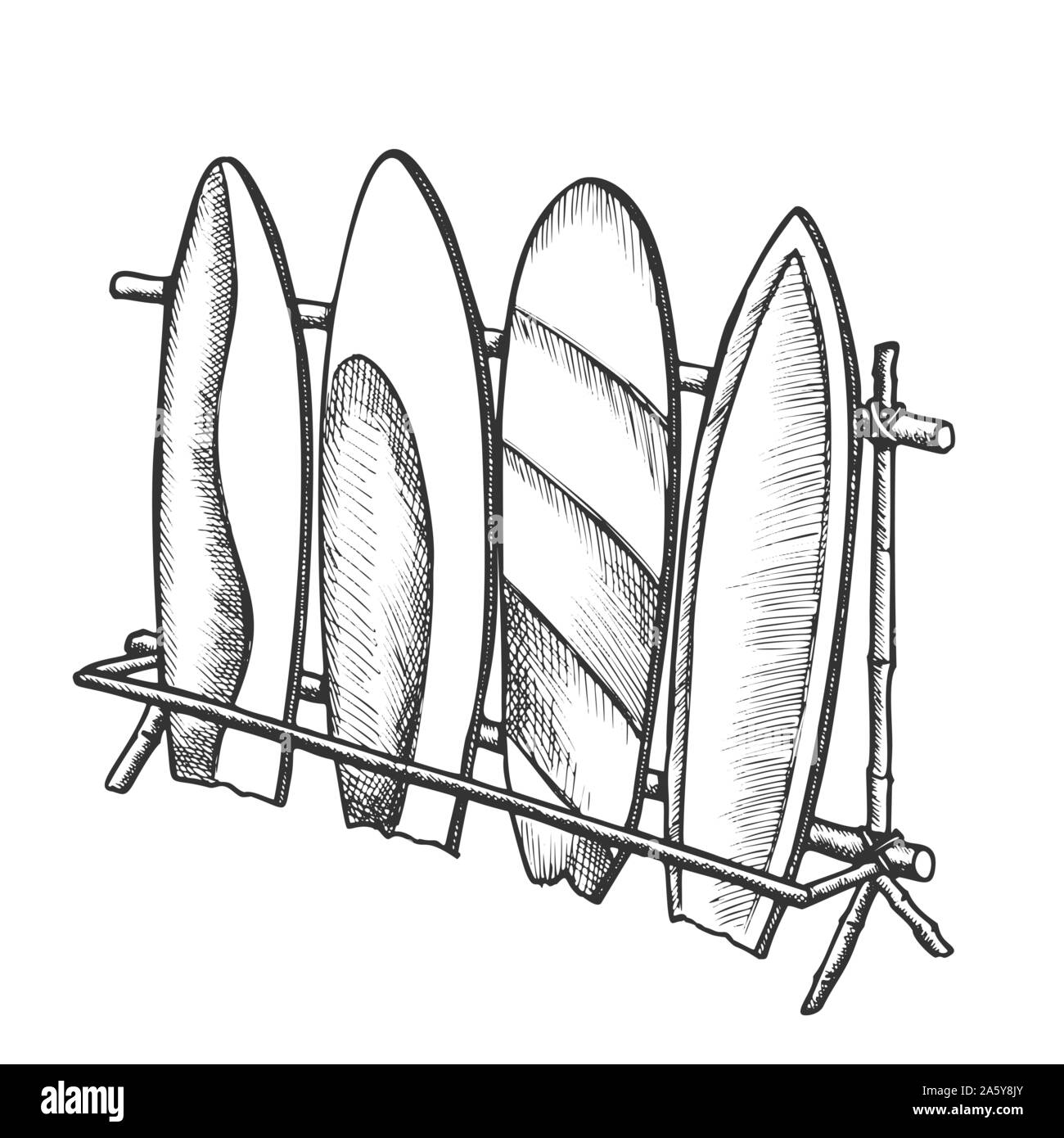 Tavole da surf in diversi design su rack vettore inchiostro Illustrazione Vettoriale