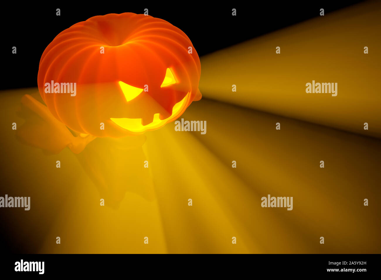 Volo fantasma bianco con testa di zucca e ragazzo figura coperto con un foglio di copertura su sfondo nero. Halloween 3d illustrazione Foto Stock