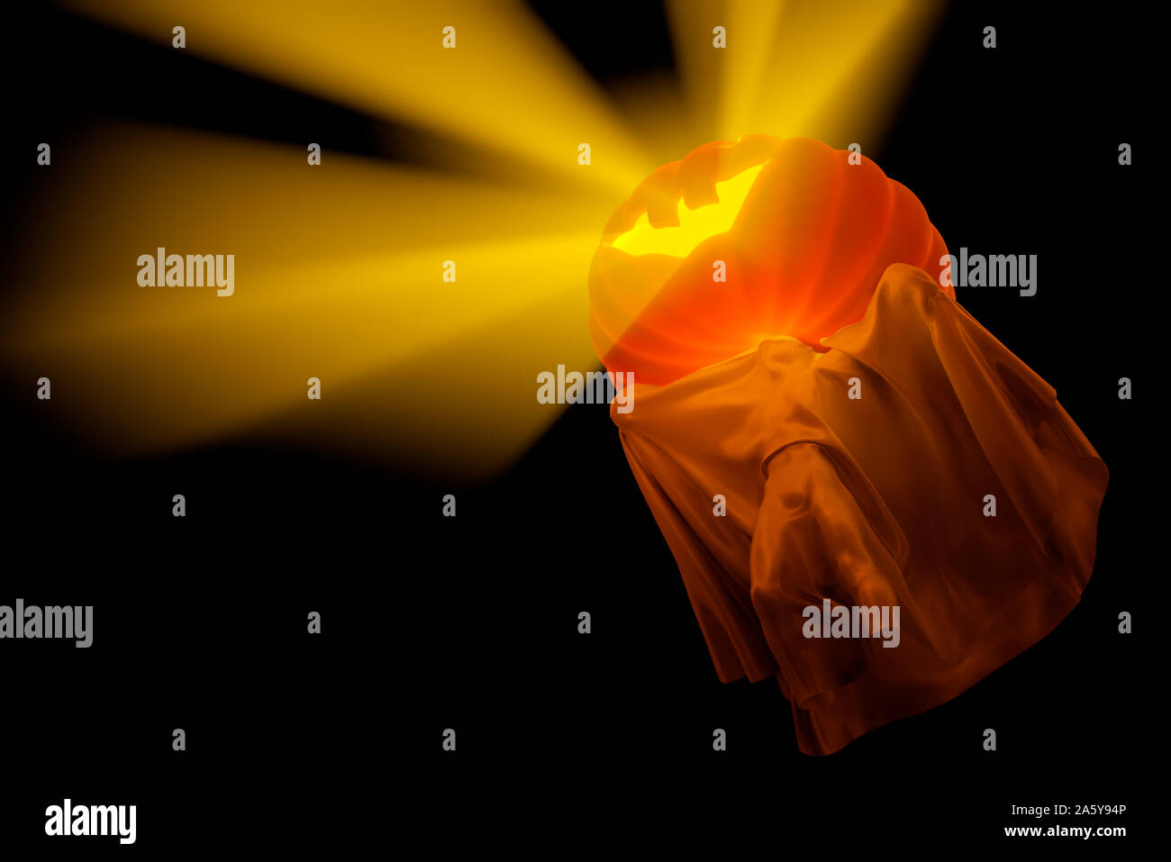 Volo fantasma bianco con testa di zucca e ragazzo figura coperto con un foglio di copertura su sfondo nero. Halloween 3d illustrazione Foto Stock