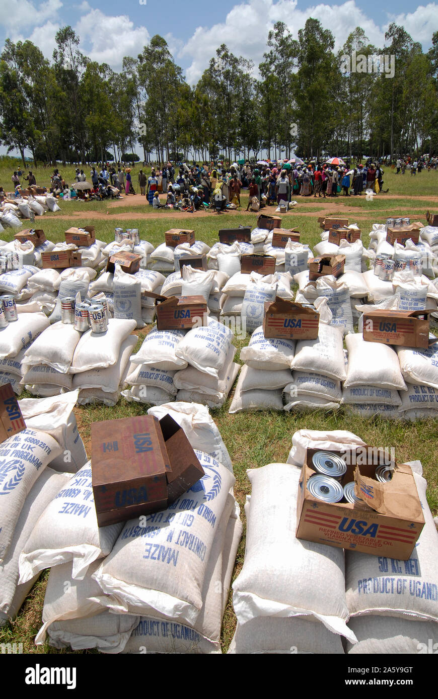 In Uganda, Kitgum , il Programma alimentare mondiale, la distribuzione di aiuti del Regno Unito granturco e USAID lattine con olio vegetale per sfollati interni di profughi di guerra civile tra l LRA e esercito Ugandanian Foto Stock