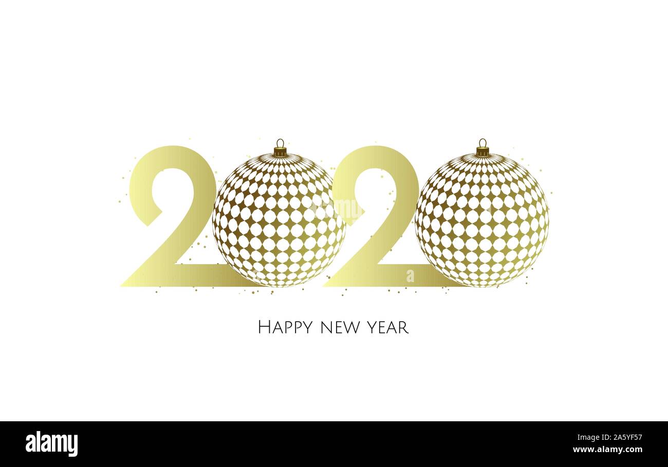 Felice Anno Nuovo 2020 golden progettazione di testo con le palle di Natale. Illustrazione Vettoriale