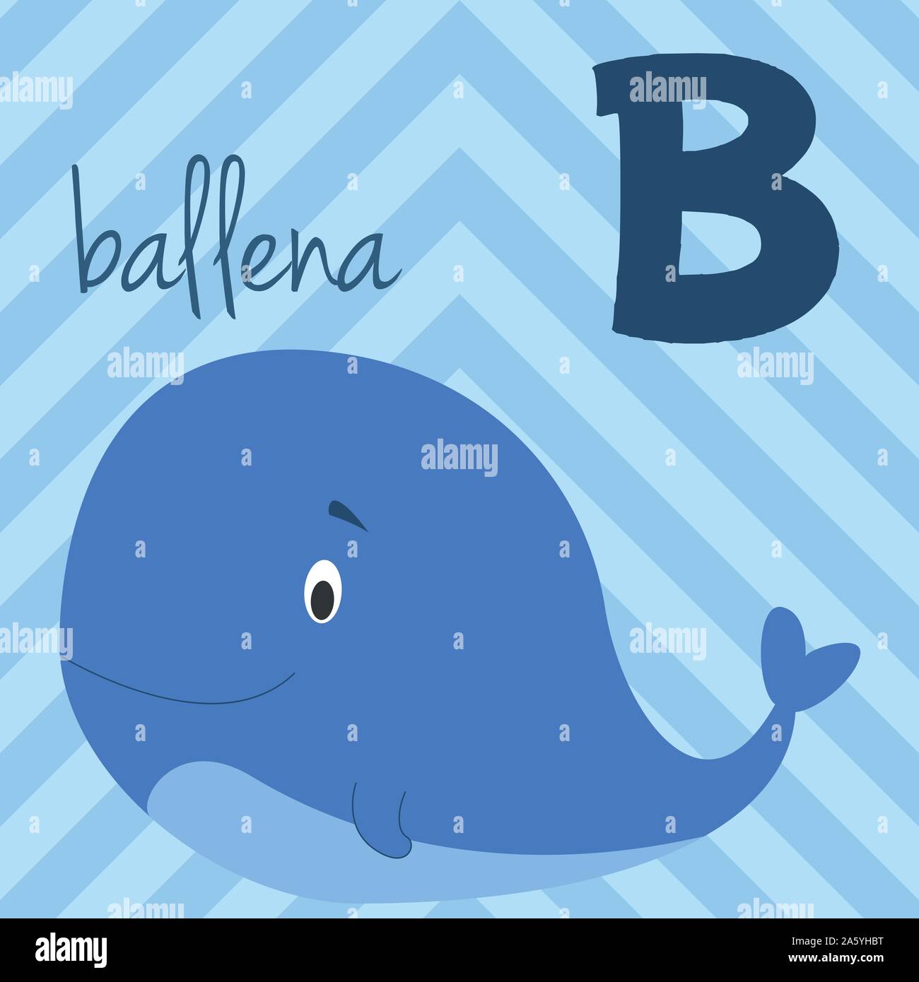 Cartoon carino zoo alfabeto illustrato con simpatici animali. Alfabeto spagnolo: B per la Ballena. Imparare a leggere. Vettore isolato illustrazione. Illustrazione Vettoriale