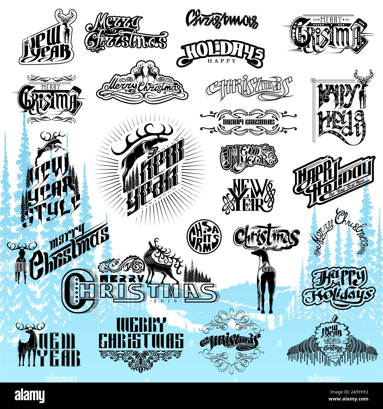 Grande set di Natale e Anno nuovo lettering Illustrazione Vettoriale