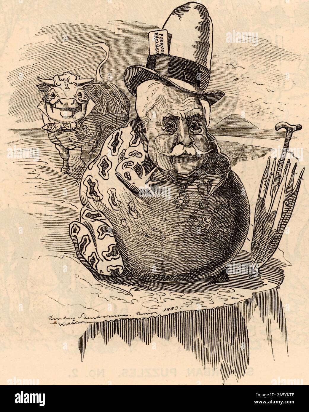Ferdinando de Lesseps (1805-1894) diplomatico francese e del canale del promotore. Il canale di Suez progetto, iniziato nel 1860 è stata completata con successo nel 1869. Il suo progetto per un canale di Panama, iniziato nel 1881, fu abbandonata nel 1888. Cartone animato da Edward Linley Sambourne nel punzone voglia di serie dei ritratti da "punzone" (Londra, 11 agosto 1883). Foto Stock