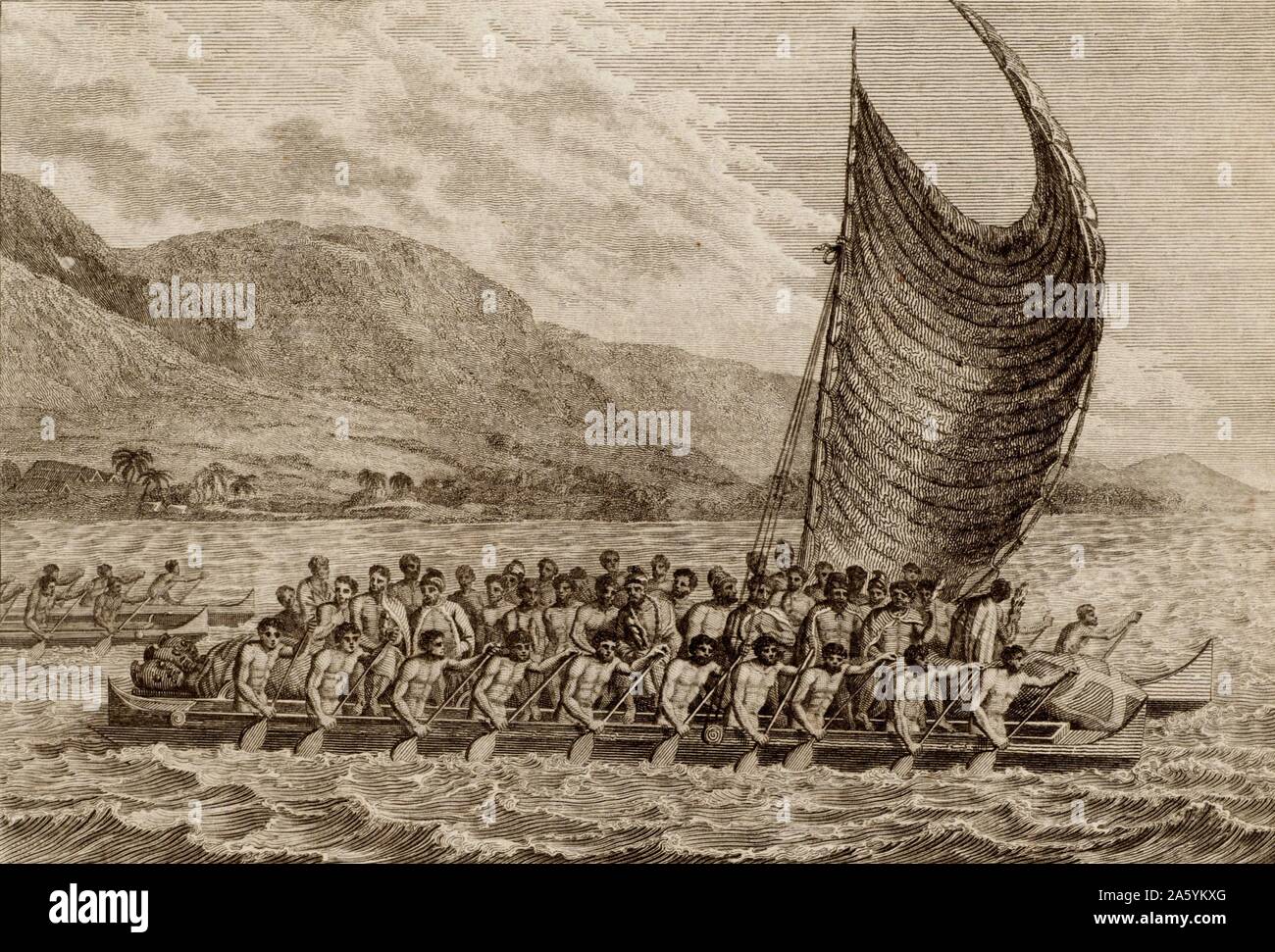Terreeoboo, re di O'Whyee, portando presenta a Captain Cook". Terreeoboo e il suo partito in viaggio in catamarano con dieci uomini su ciascun lato la propulsione di esso con le pale. James Cook (1728-1779) British navigator, explorer e cartografo nel 1778, il suo terzo e ultimo viaggio, fu il primo europeo a visitare le Isole Hawaii che egli ha chiamato le isole Sandwich. Incisione da "Nuovo sistema di geografia" di Thomas Bankes (Londra, c1785). Foto Stock