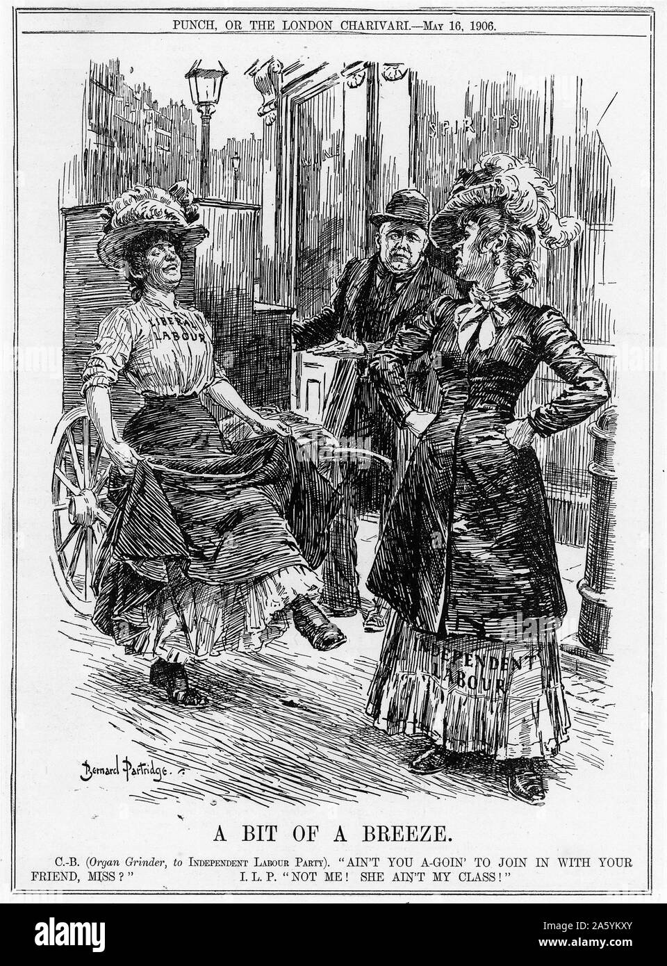 Patto Liberal-Labor 1905-1906: British Primo ministro liberale, Henry Campbell-Bannerman, come l'organo macinino, il più forte degli Stati del Patto Lib-Lab, chiedendo il lavoro indipendente parte se lei si unirà con il suo amico. Ella si rivolge il suo naso l' idea di unire le forze con qualcuno di un altro "classe". Foto Stock