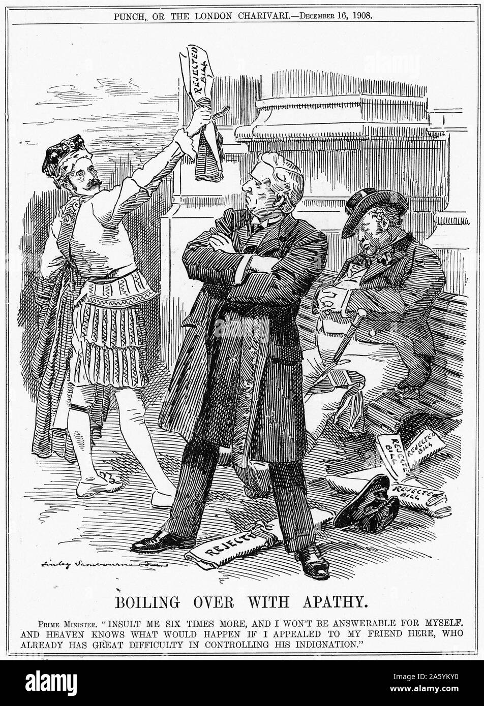 Il primo ministro britannico, Herbert Asquith, sopraffatto dalla costante blocco di House of Commons fatture dalla House of Lords, minacciando il marchese di Lansdowne, leader dell'opposizione in signori, con il risveglio di John Bull (Gran Bretagna) chi vorrebbe abolire i signori. Cartoon di Linley Sambourne da 'Foratura', Londra, 16 dicembre 1908. Foto Stock