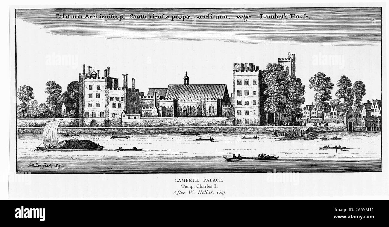 Lambeth Palace di Londra, la residenza dell'Arcivescovo di Canterbury, vista lungo il fiume Tamigi. Dopo e l' incisione di 1647 da Wenceslaus Hollar. Foto Stock