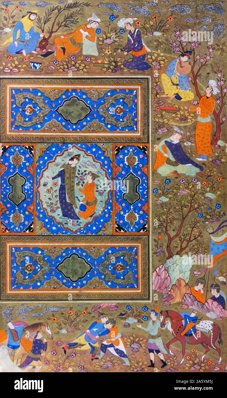 Folio da un manoscritto persiano raffigurante una coppia di amanti. Isfahan, Iran, Safavid era, 1590-1610 ( acquerello, inchiostro e oro su carta) mostra corte scene inclusa wrestling Foto Stock