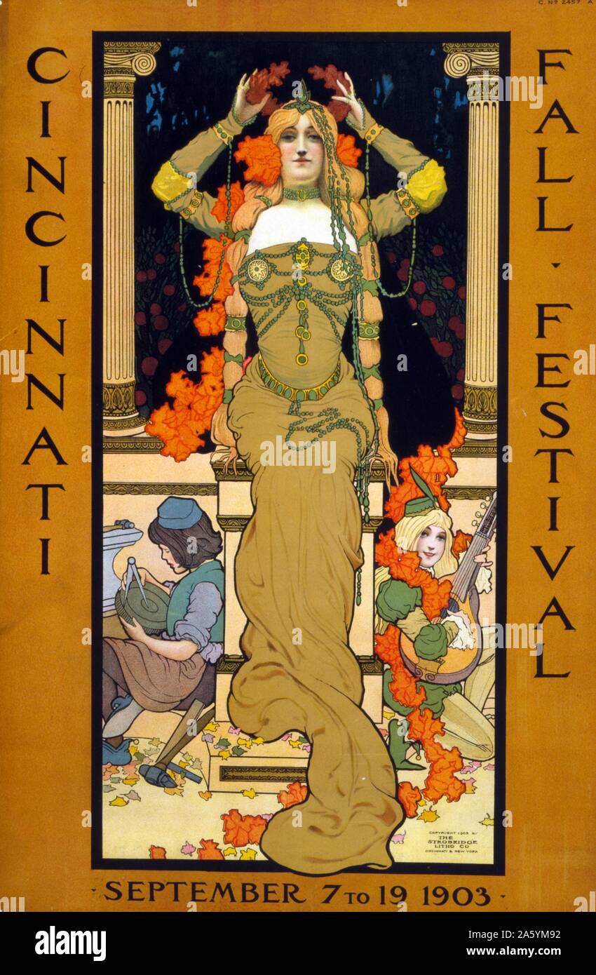 Poster a colori pubblicità "Cincinnati fall festival' raffigurante una donna seduta su un piedistallo ponendo una corona sul suo capo e indossando art nouveau gioielleria; un bambino-come artigiano e un musicista di sedersi ai lati del piedistallo. Datata 1903 Foto Stock
