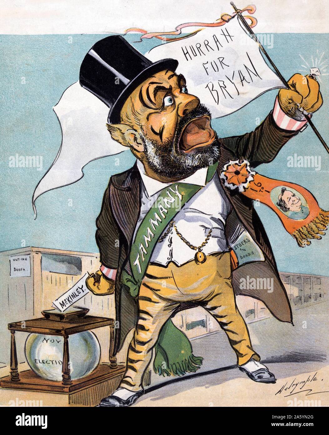 Egli grida per Bryan, ma questo è il modo in cui egli voterà. Richard Cocker è mostrato come Tammany Tiger, proclamando che egli sostiene Willam Jennings Bryan per il presidente, mentre alle sue spalle egli sta slittando il suo per W. McKinley nella pentola. Foto Stock