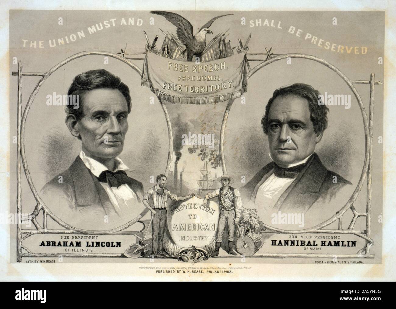 L' Unione deve essere preservato 1860. Stampa mostra un banner della campagna per il ticket repubblicano Foto Stock