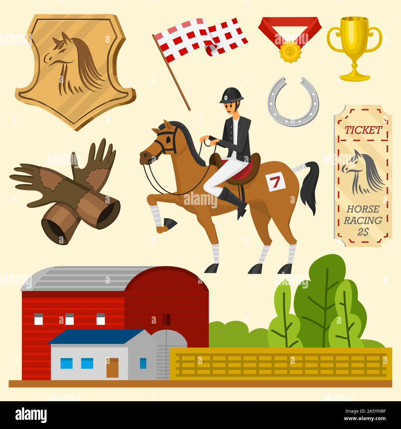 Set di equitazione. Icone di corse per attività Jockey Club. Attrezzature  per sport equestri poster. Ferro di cavallo accessori, frusta, sella di  cavallo Immagine e Vettoriale - Alamy