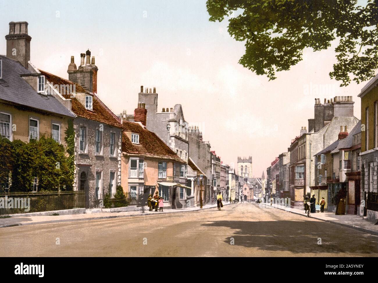 High Street West, Dorchester, Inghilterra tra il 1890 e il 1900. Foto Stock