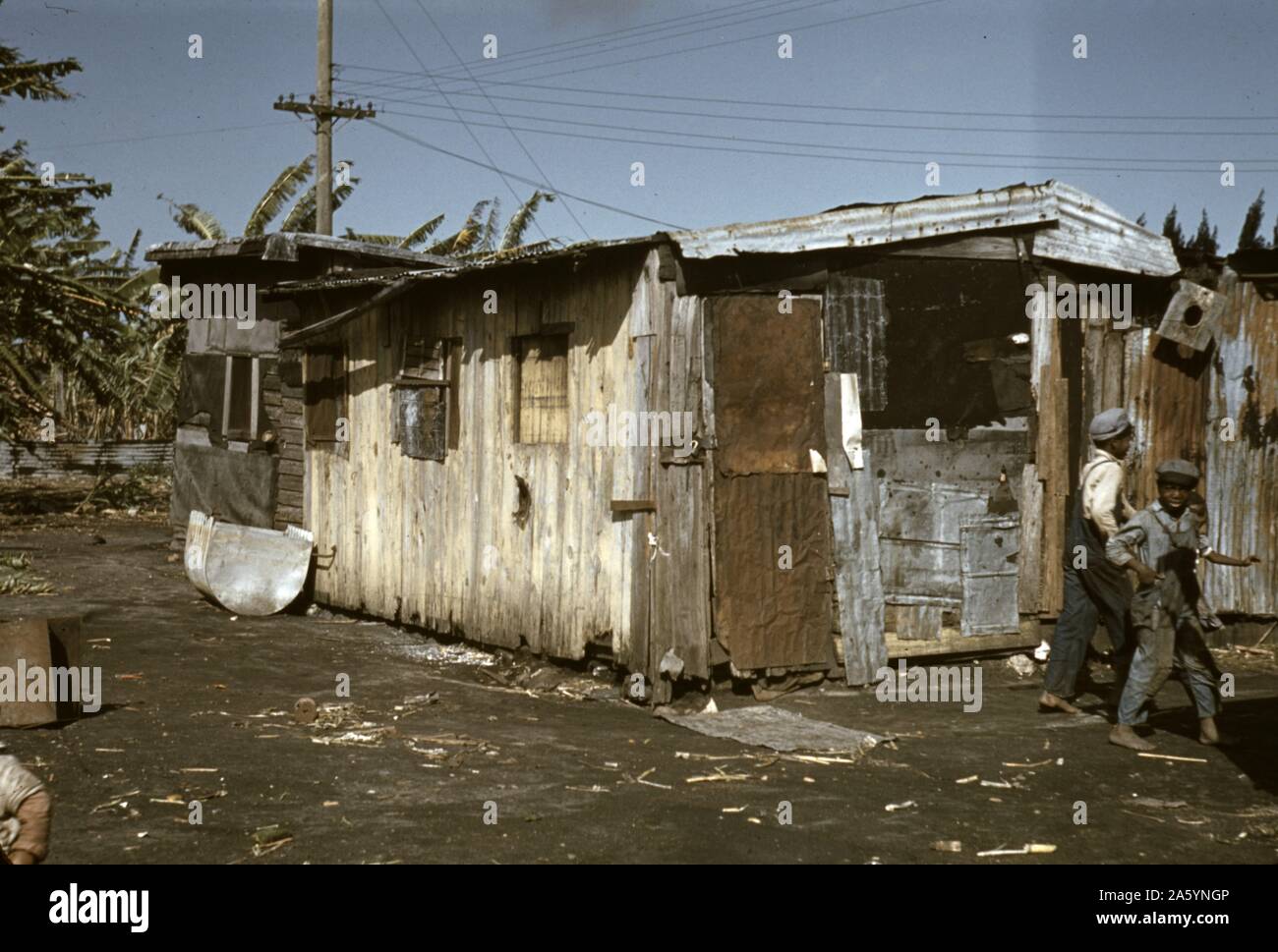 Poveri shanty tipo le condizioni di vita americano africano di lavoratori presso il Marcella Plantation, Mileston, Mississippi, Stati Uniti d'America. 1939. Foto Stock