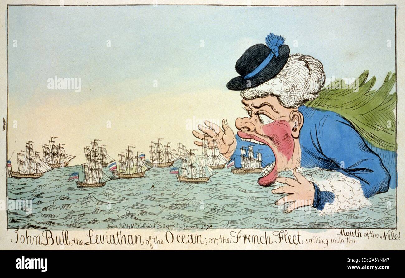 John Bull, il Leviathan dell'oceano; o, la flotta francese vela nella bocca del Nilo! 1798. attacco, con acquerello. Cartone animato che mostra John Bull mangiare francese le navi a vela; una satira su la sconfitta francese durante la guerra della seconda coalizione, eventualmente si riferisce alla battaglia del Nilo. Foto Stock