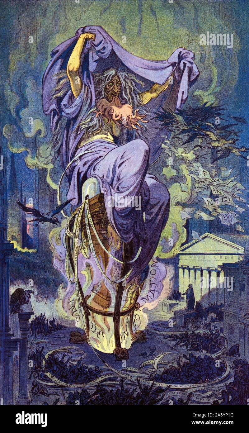 Dame dicerie / Keppler. Da Udo Keppler, 1872-1956, artista. Data di 1909. La figura mostra un vecchio hag seduta su un grande Ticker tape macchina, a Wall Street, produca 'All'interno di Information', 'false notizie finanziarie' e voci che circuire grandi gruppi di investitori. Foto Stock