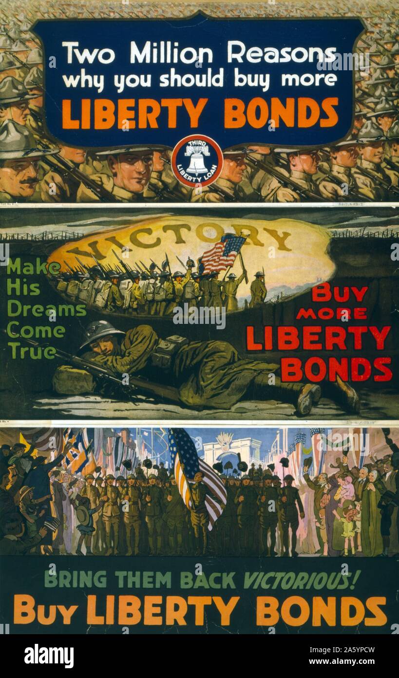 La Prima guerra mondiale la libertà Bond poster. Mostra poster di soldati che marciano. Datata 1918 Foto Stock