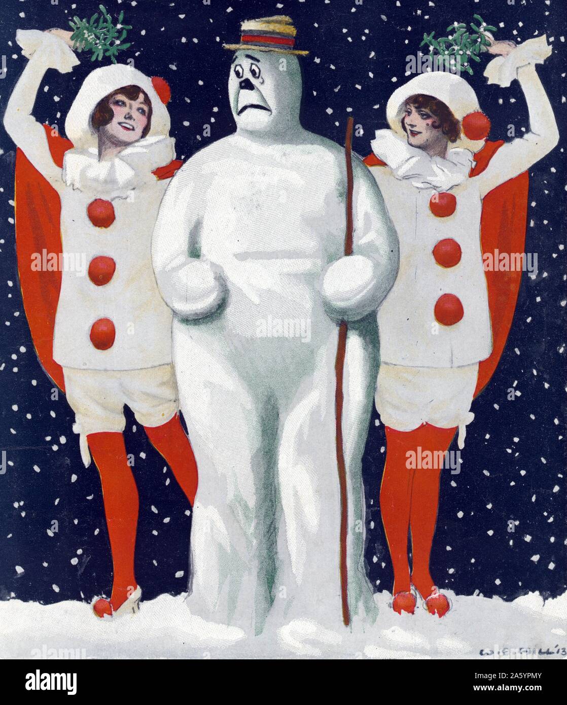 Natale Puck dall artista William Ely Hill (1887-1962). La figura mostra un trepidante pupazzo di neve in piedi fra due belle giovani donne che indossano costumi clown e azienda vischio sopra le loro teste durante una serata neve doccia. da Keppler & Schwarzmann nel dicembre 1913. Foto Stock