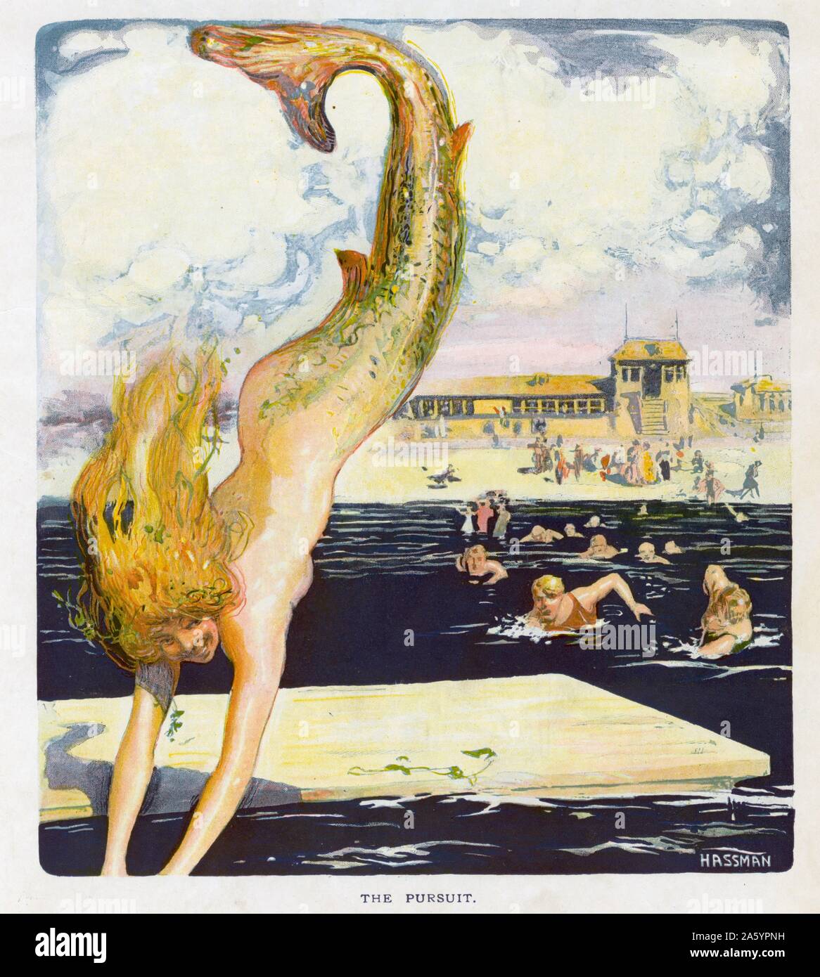 Il perseguimento' dall'artista Carl Hassman, (1869-1933). La figura mostra una sirena tuffarsi in acqua a una spiaggia e alcuni uomini nuoto dopo di lei. New York, 24 agosto 1910. Foto Stock