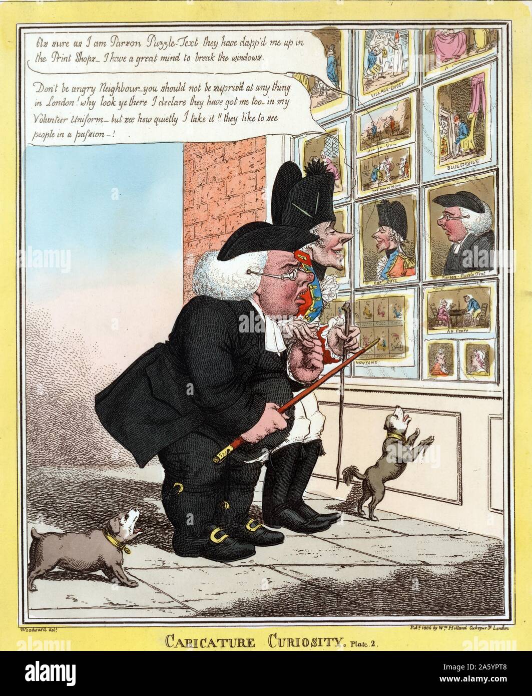 La caricatura curiosità /Woodward, delt da George Moutard Woodward (1760-1809). La caricatura di un ecclesiastico di porcellana e un volontario skinny officer esaminando caricature di se stessi in quello che è probabilmente William Holland stampa della finestra del negozio. Parson Puzzletest è furiosa ma il suo compagno, Capitano Ruiz, reagisce con il buon umore. 1806. Foto Stock