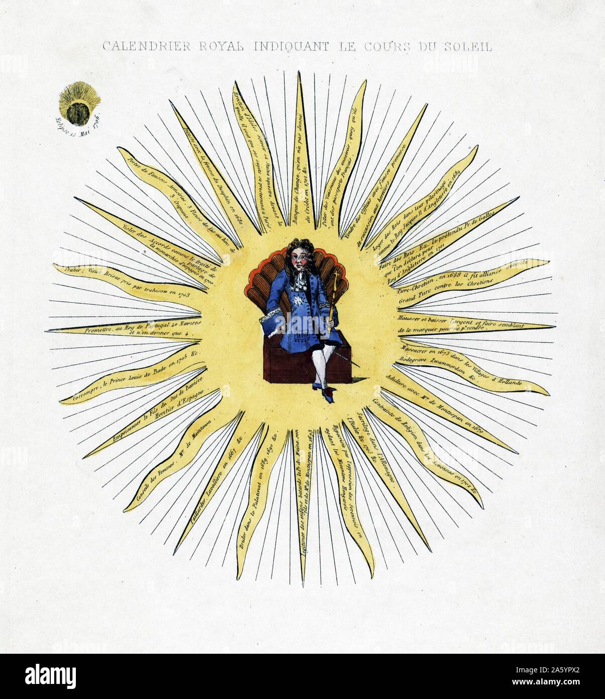 Stampa mostra Louis XIV seduta su una scatola con la forma di un ventaglio torna nel centro del sun. I numerosi raggi del sole documento polvere e sporcizia provenienti attribuita al re tra 1667 e 1705. 1706. Foto Stock