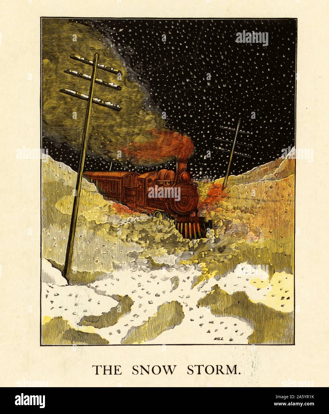 Un Americano di illustrazione di un treno a vapore di notte in cammino attraverso una tempesta di neve 1870. Telegraph visto in questa illustrazione, pali prima è diventato banale nella metà del XIX secolo Foto Stock