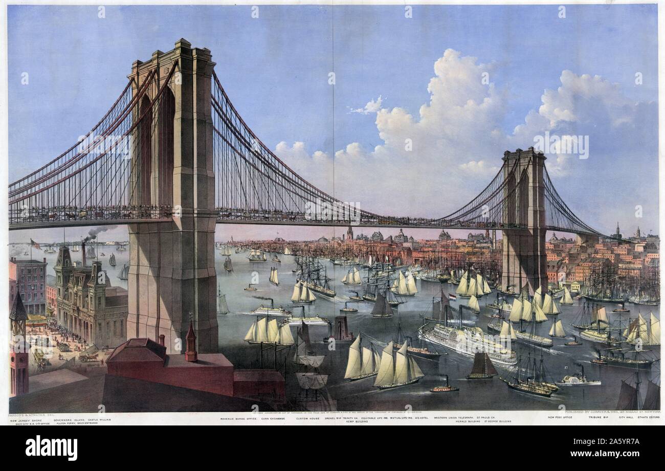 Litografia a colori del grande oriente fiume ponte di sospensione. Il ponte collega la città di New York e Brooklyn. Pubblicato da Currier & Ives. Datata 1874 Foto Stock