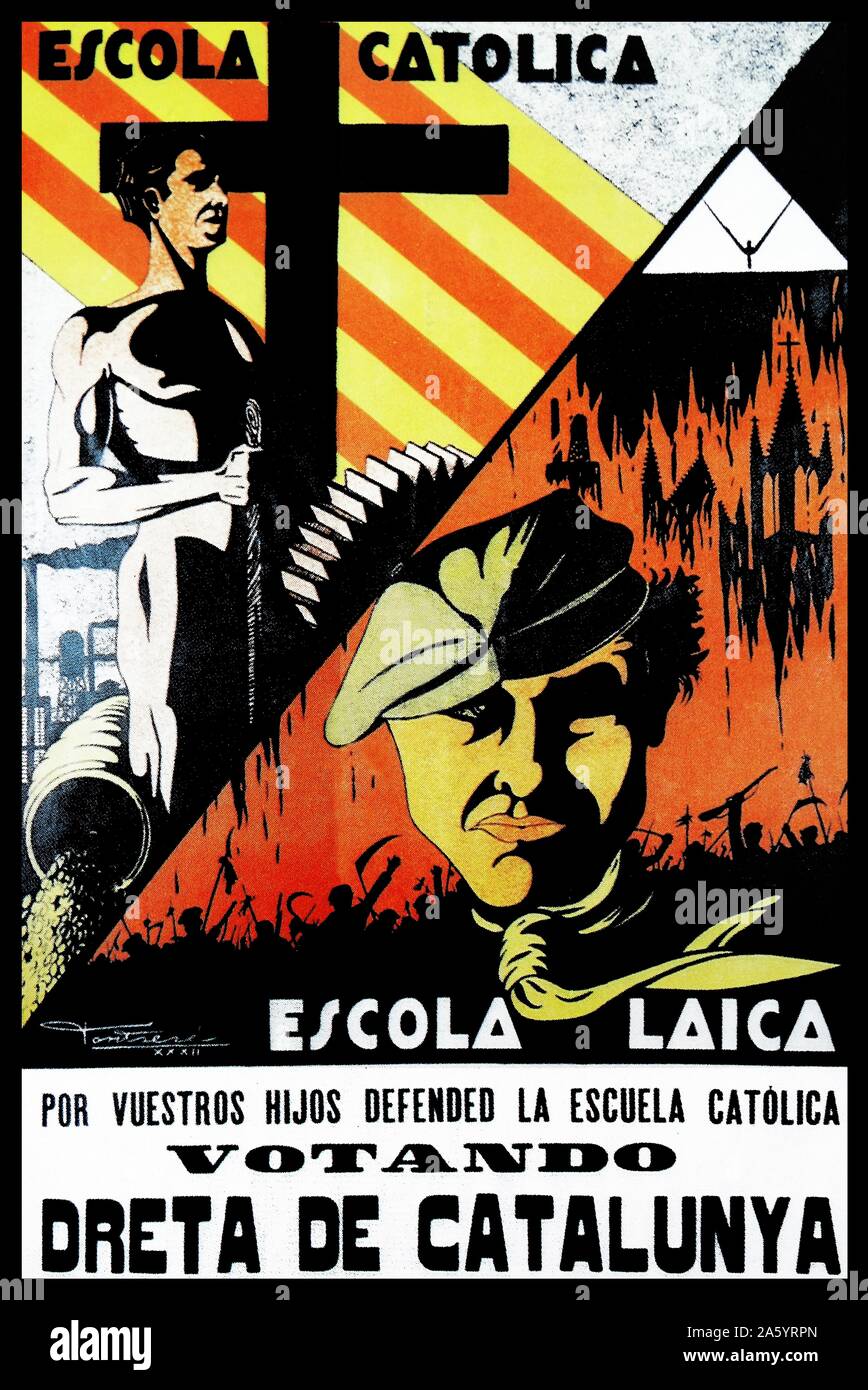 Spagna. La Seconda Repubblica (1936-1939). Poster di Dreta de Catalunya (a destra della Catalogna) difendere le scuole cattoliche Foto Stock