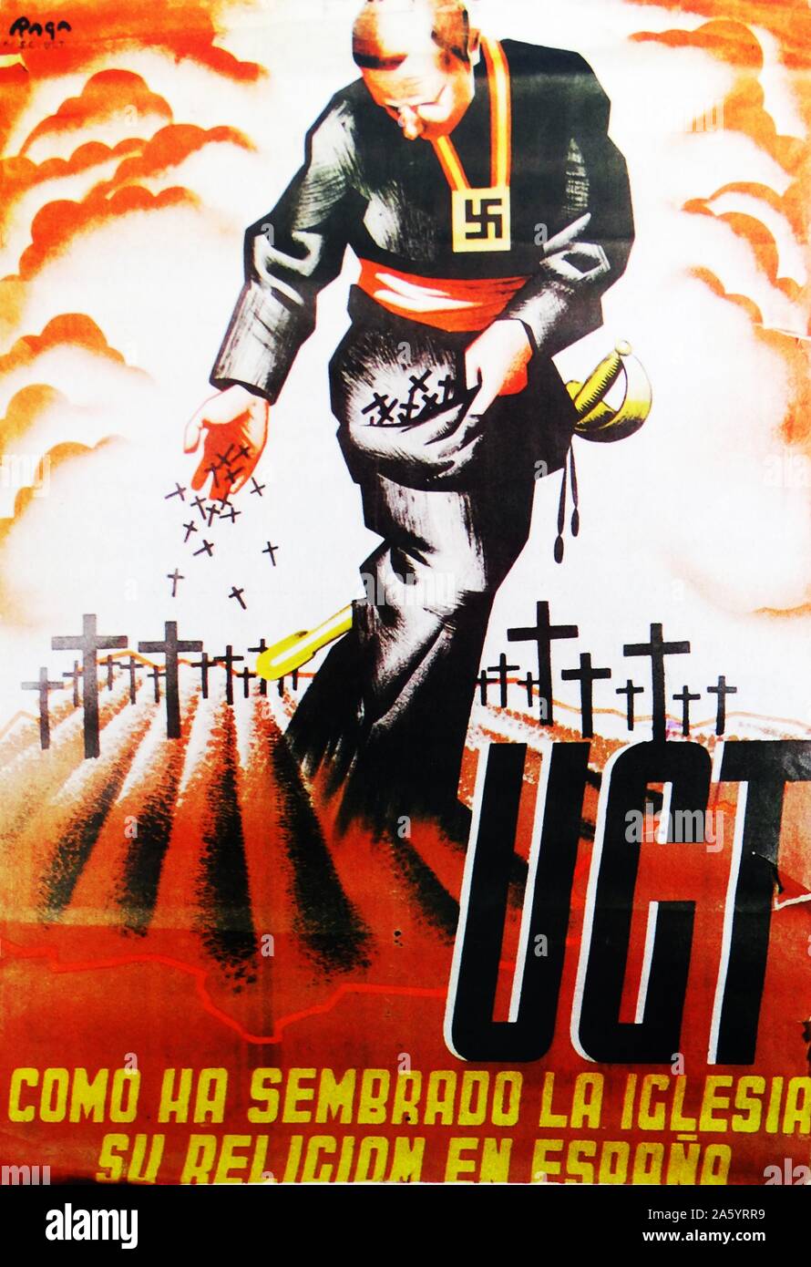 Anti-clericale, UGT spagnola poster Unione fondamentale della Chiesa Cattolica e indicando un collegamento al nazismo. 1936 Foto Stock