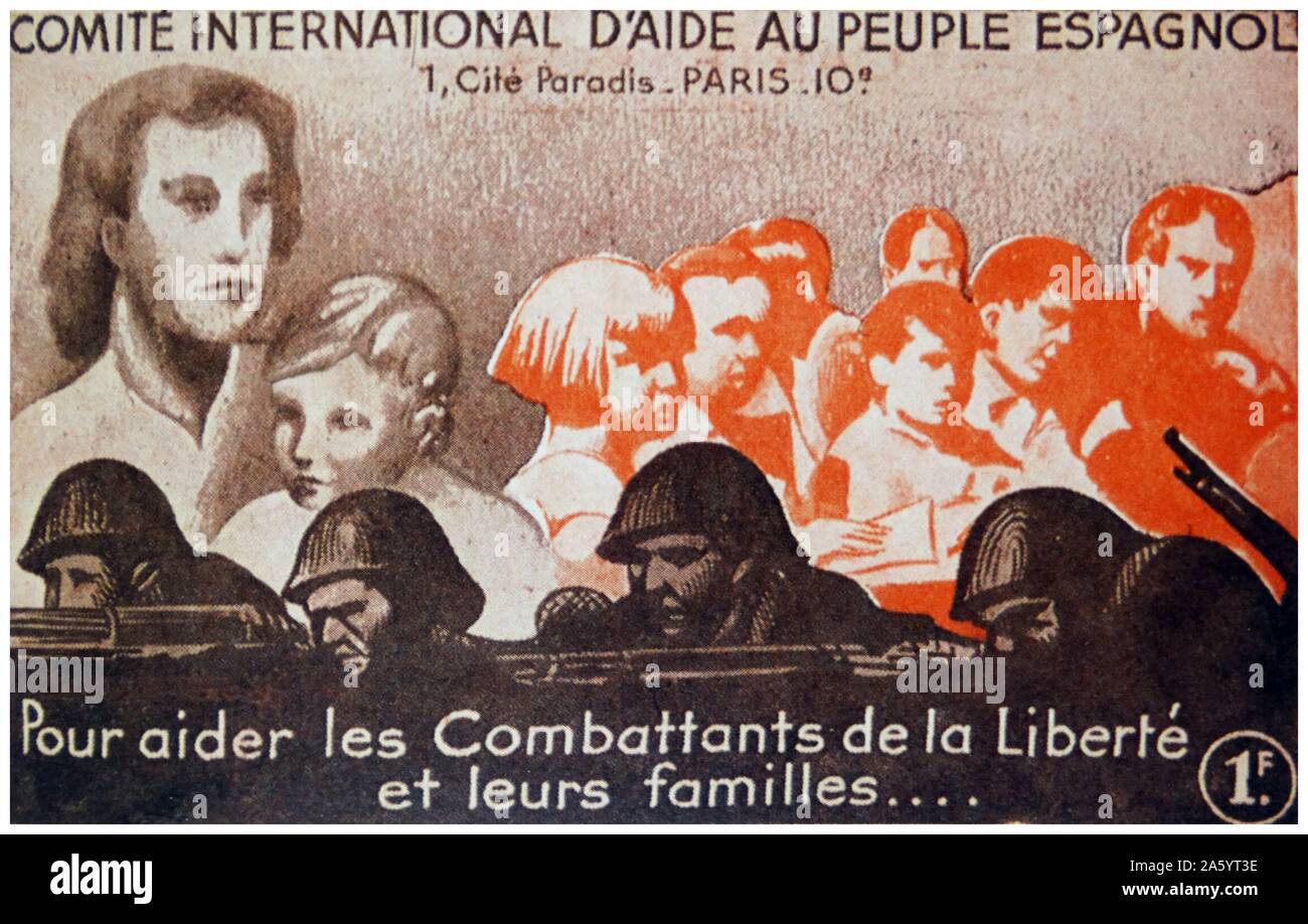 Cartolina pubblicato in Francia dalla sinistra " Comitato internazionale per gli aiuti al popolo spagnolo' per aumentare la consapevolezza della situazione dei civili spagnoli durante la Guerra Civile del 1937 Foto Stock