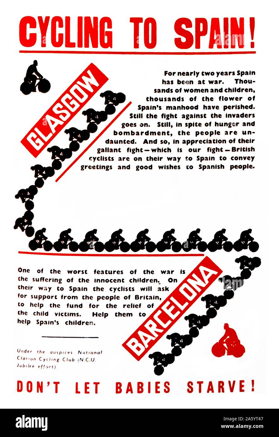 Poster da maggio 1938 a pubblicizzare due membri del Clarion ciclismo club dei cicli di chi da Glasgow a Barcellona, per raccogliere fondi a sostegno delle vittime della guerra civile spagnola. Foto Stock