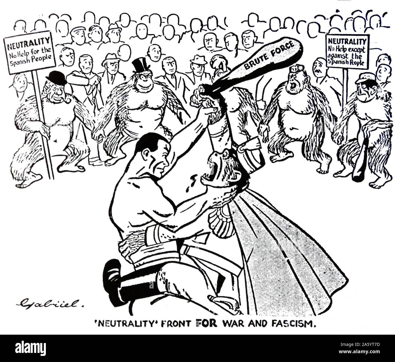 British cartoon dal lavoratore quotidiana mostra che la neutralità è stato spinto verso le forze fasciste, durante la Guerra Civile Spagnola Foto Stock