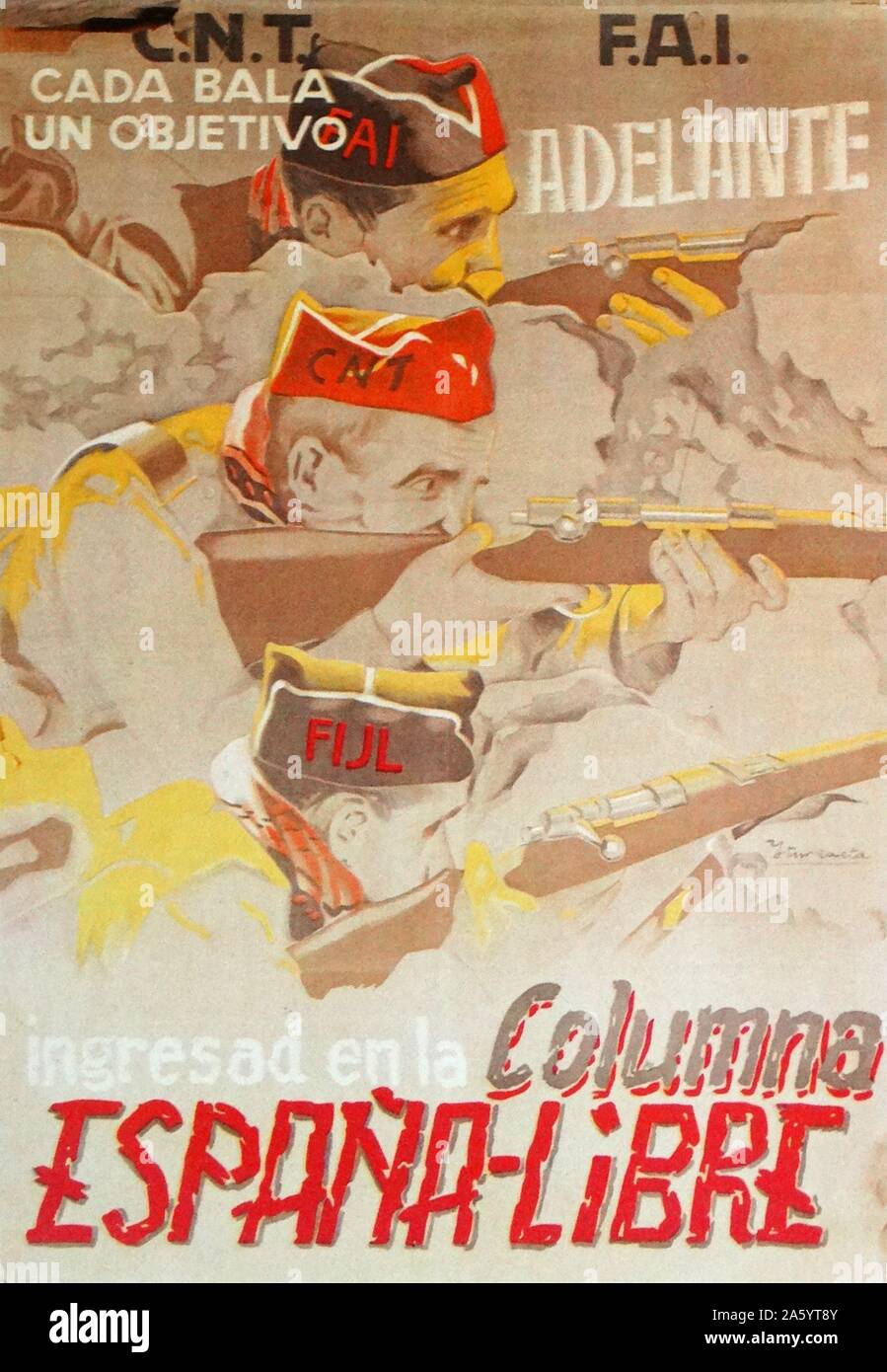 Gli anarchici si uniscono per sostenere il Fronte popolare di governo, la propaganda poster raffigurante la lotta contro il fascismo durante la Guerra Civile Spagnola Foto Stock