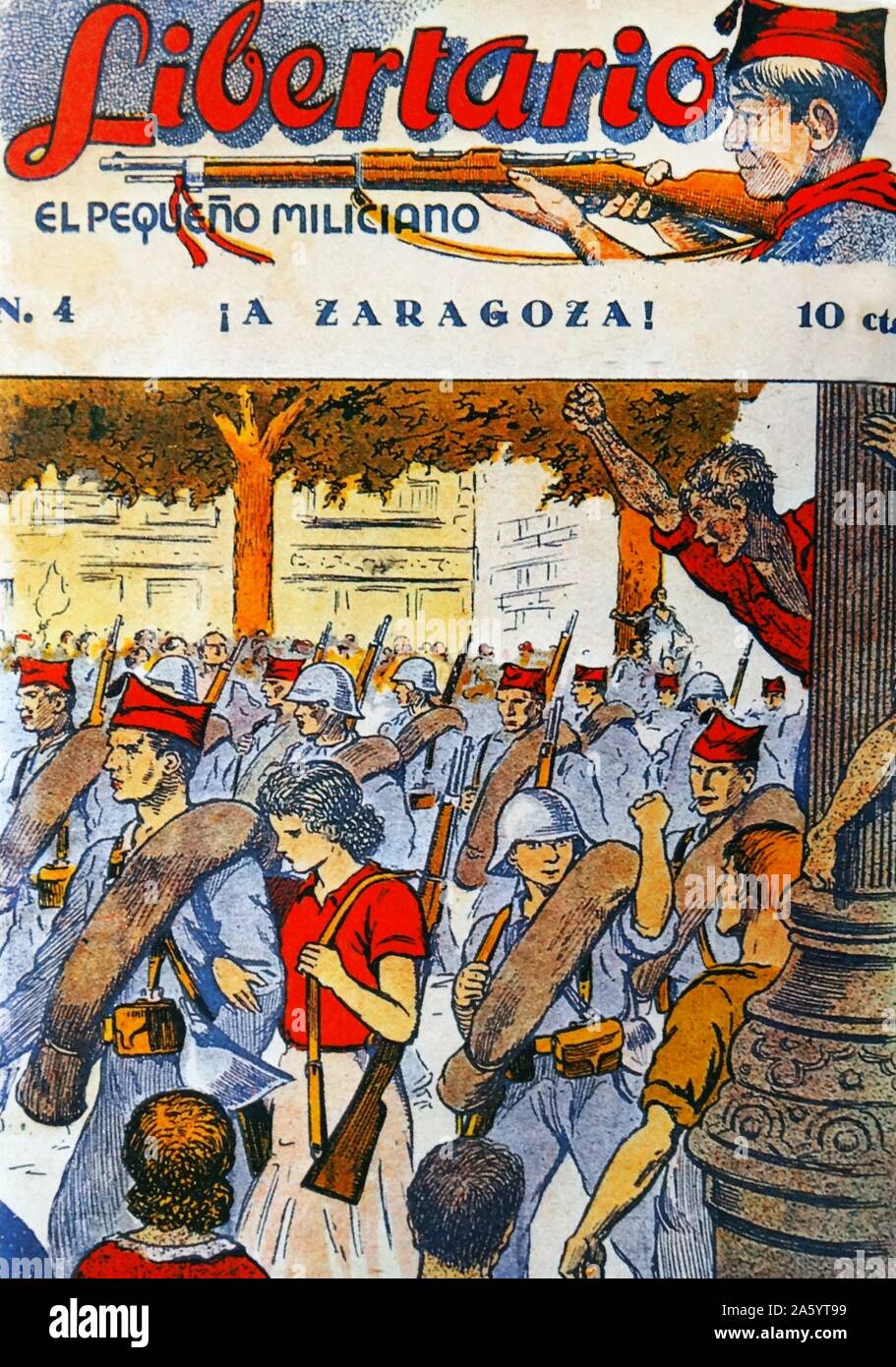 Libertario el pequeno miliciano' Falangist propaganda giovanile rivista pubblicata durante la Guerra Civile Spagnola Foto Stock
