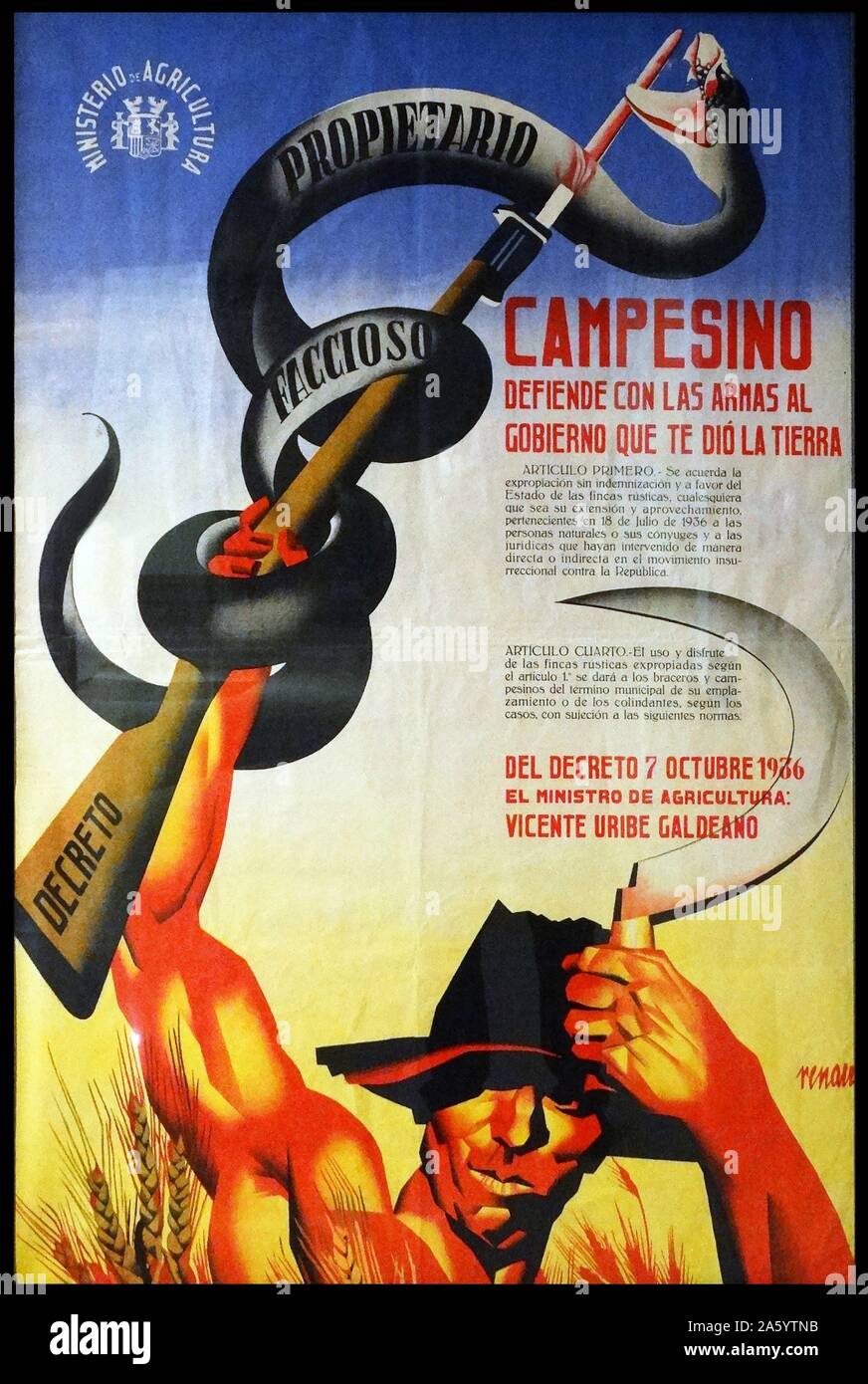 Guerra civile spagnola poster repubblicano invita i contadini a difendere il governo un loro terra contro il fascismo Foto Stock