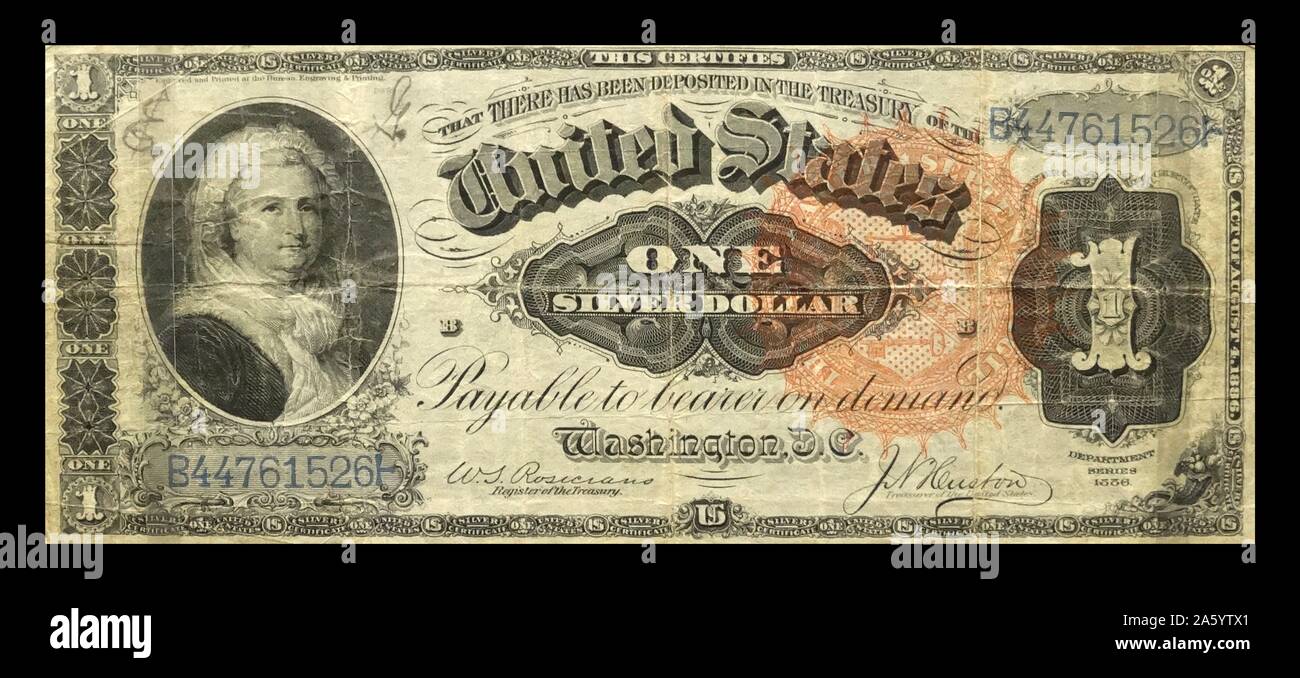 Certificato di argento banconota, USA, 1886. Certificato silver note sono state rilasciate in risposta all'agitazione dei sostenitori del cosiddetto 'argento prive di movimento". Essi hanno creduto che un argento-backed valuta gonfierebbero il dollaro e il supporto degli interessi agricoli. Foto Stock