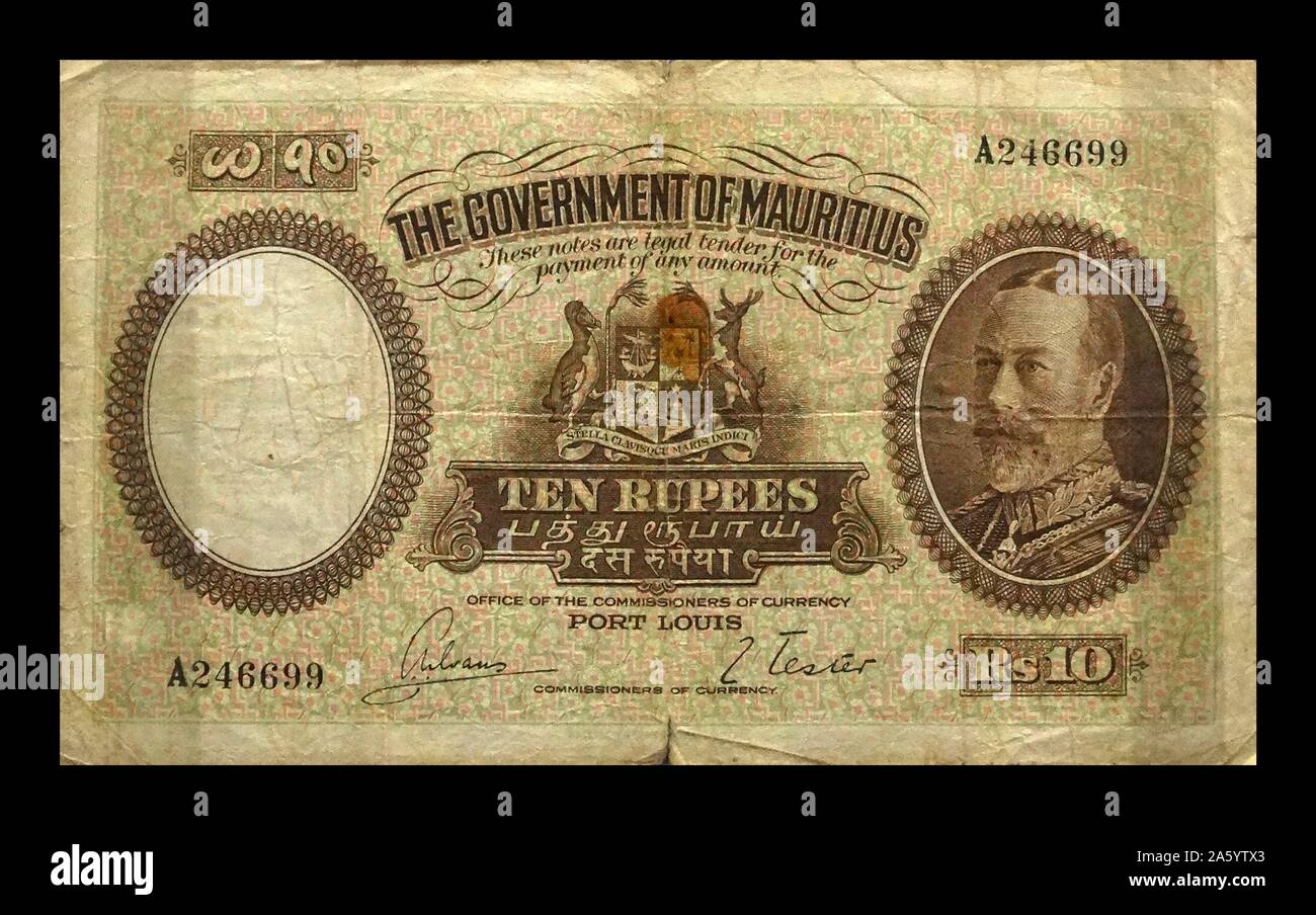 Dieci coloniale di rupie banconota; governo di Maurizio, 1930 Foto Stock
